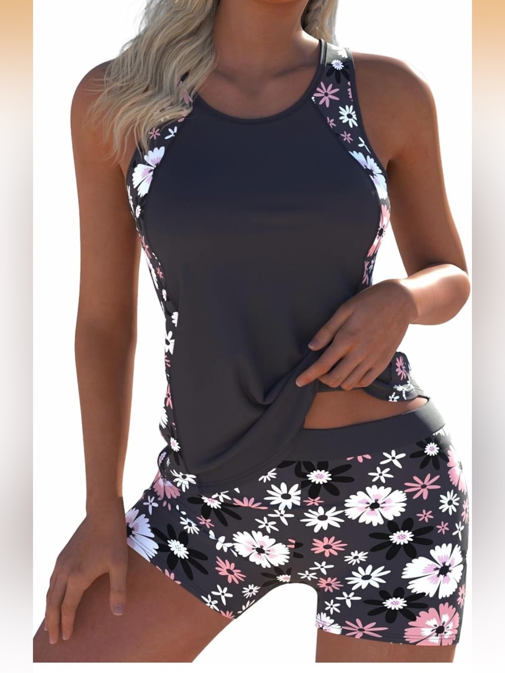 Sporty Tankini Swimsuit Cut Out High Stretch Slim Tank Top W/Boyshorts 1806/12-3